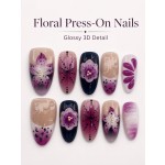 3D Purple Carved Floral Press‑On Nails, Medium Almond Black‑Purple Gradient Rhinestone False Nails